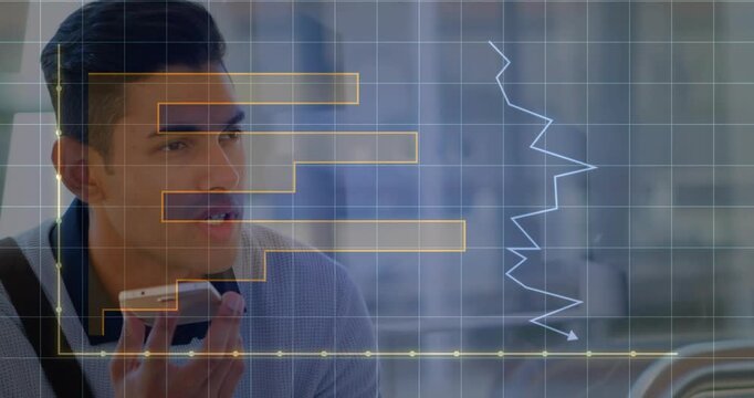 Man speaking into cell and starting data overlays for analysis bars rising and line graph settling
