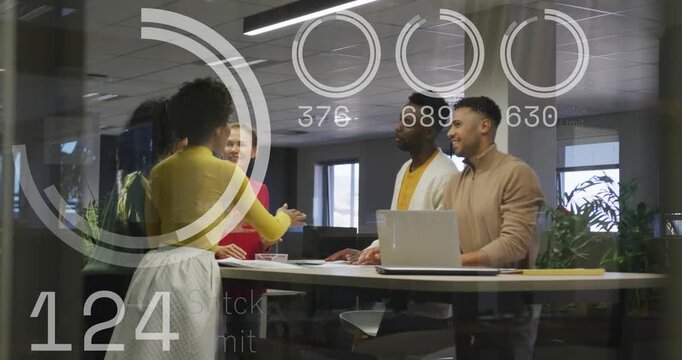 Five business team around table, woman in yellow starting hand stack for sync, HUD updating values