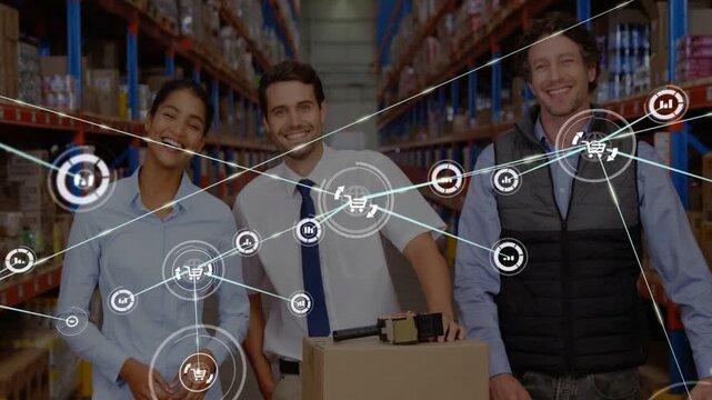 Warehouse team standing behind box in depot, circle appearing and visualizing supply chain web