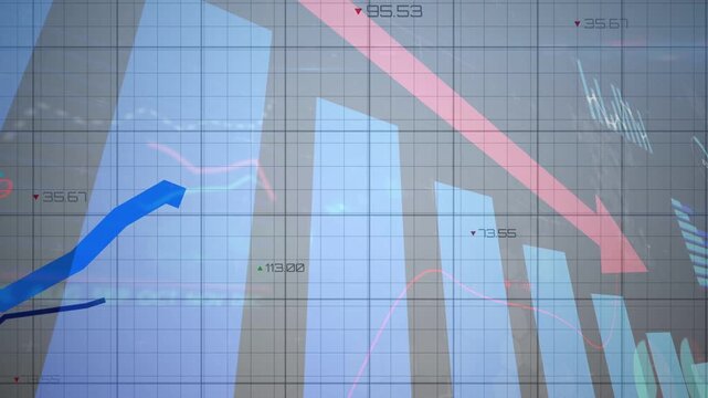 Red arrow drawing, market chart animating lines entering left, rising and peaking, showing trend