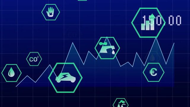 Energy dashboard receiving live feed tracing graph pulsing hex icons updating readout showing data