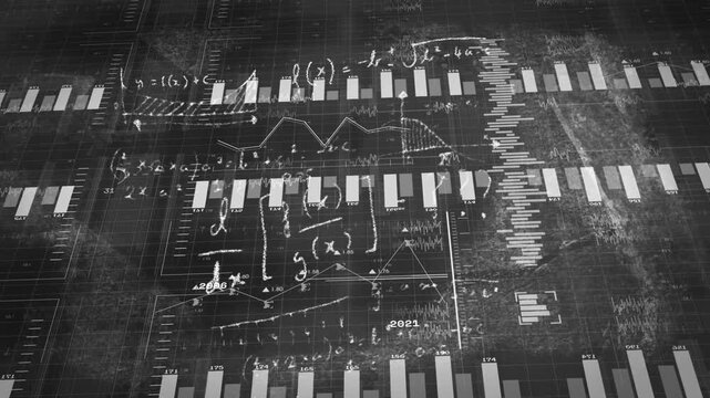 Three-bar histogram appearing triggers bars expanding with chalk formulas for education analytics