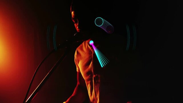 Male artist pressing keys and singing into mic, neon rings pulsing and reacting for performance