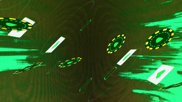 Vertical video: Camera shifting, neon chips drifting, rings pulsing, teal streak forming tech loop