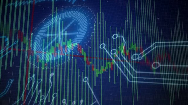 Financial HUD receiving live data feed, showing candlestick over bar grid, extending circuit traces