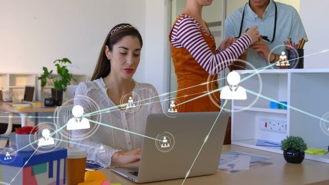 Woman typing while team using camera causing network overlay users growing and obscuring tech scene