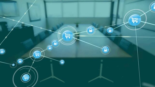 Cart icon appearing above table, spawning dense network overlay with locks, showing retail security