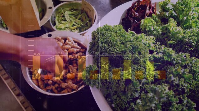 Mature cook's hands scooping roots into bowl at kitchen counter beside kale under yellow overlay