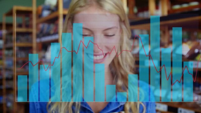 Adult female centered at market shelves holding two vine tomatoes, denim, moving blue or red charts