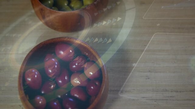 HUD overlays sweeping, camera shifting down, wood bowls showing olives, highlighting texture shine