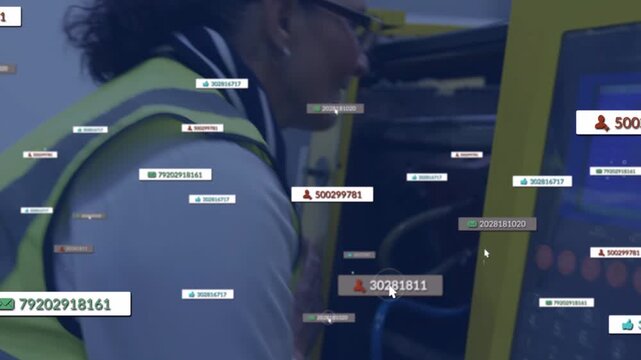 Woman tech pressing screen opening yellow panel, floating data IDs marking parts for manufacturing