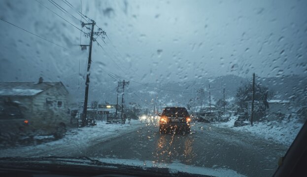 Snow-covered road scene viewed from inside a vehicle with icy windshield and falling snow, showing vehicles driving through winter weather conditions