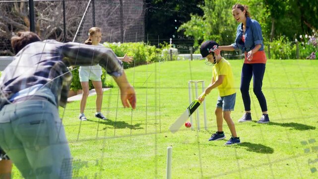 Father bowling red ball boy batting, mother catching in cricket drill, data overlay tracking swing