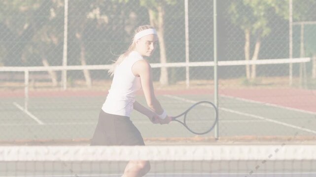 Female tennis player at net shifting and hitting twohanded backhand returning ball from right