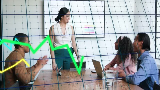 Presenter pointing to display, sharing business data, grid and line-graph moving, team clapping