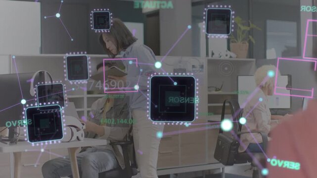 Standing woman pointing tablet man adjusting headset for tech test as AR overlay linking to headset