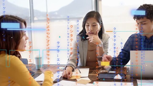 Vertical video: Center woman handing yellow sticky, colleagues sorting papers and consulting tablet