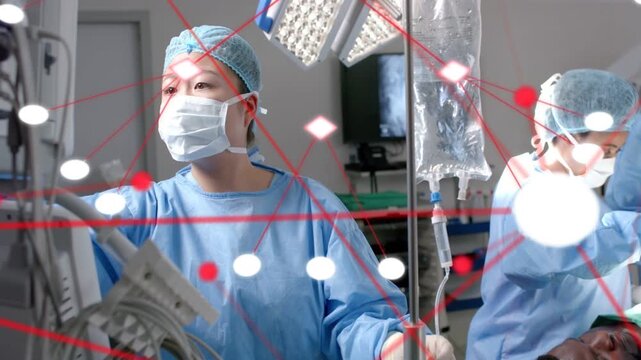 Nurse checking monitor, tuning IV in OR ensuring drip, moving red overlay sweeping foreground