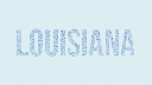 Louisiana, United States dotted map animation. Digital style shape of the state. Louisiana, United States shape and title dots appear with bulb flickering effect. Intro, outro, logo, title video.