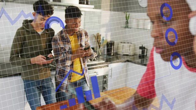 Three teens tapping phones in kitchen, front teen wearing headphones, activating blue tech graphs