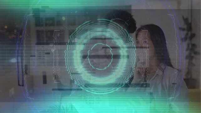 Two women tapping tablet, testing tech while holographic rings shifting, revealing code