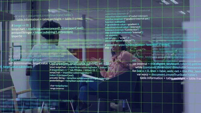 Woman leaning forward and speaking triggers green grid and code overlay, displaying business data