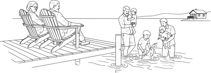 Fototapeta premium Line Art Illustration of a Multi-Generational Family Enjoying a Lakeside Summer Day