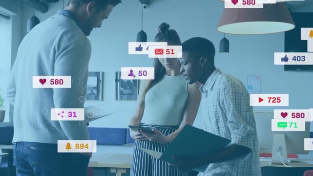 Woman showing metrics on phone to marketing team, icons floating, rising, pulsing, clearing