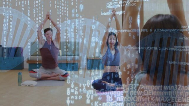 Yoga teacher cueing students, lifting arms on mats for alignment while code overlay superimposing