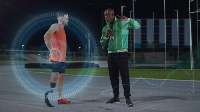 Athlete testing prosthetic blade, running drills after coach timing device for sports, HUD circling