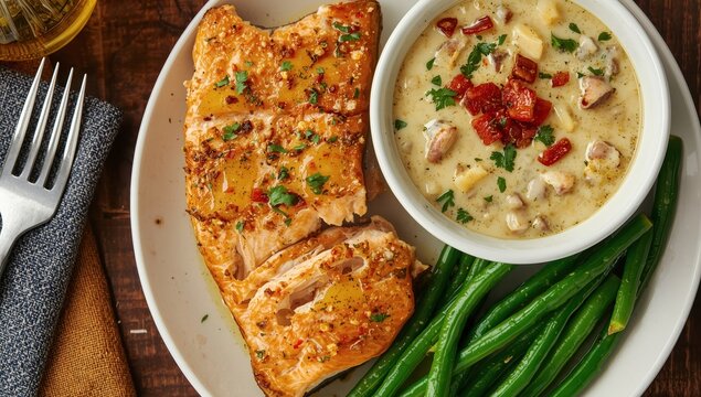 Oven-cooked spiced salmon accompanied by clam soup and green beans.