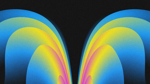 Abstract symmetrical design with mirrored rainbow gradient arches in ocean blue, electric yellow, and neon purple, set against a black grainy background.
