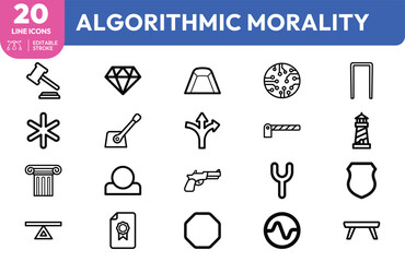 Fototapeta premium Collection of line icons representing algorithmic morality ethical decision making and artificial intelligence philosophy concepts.