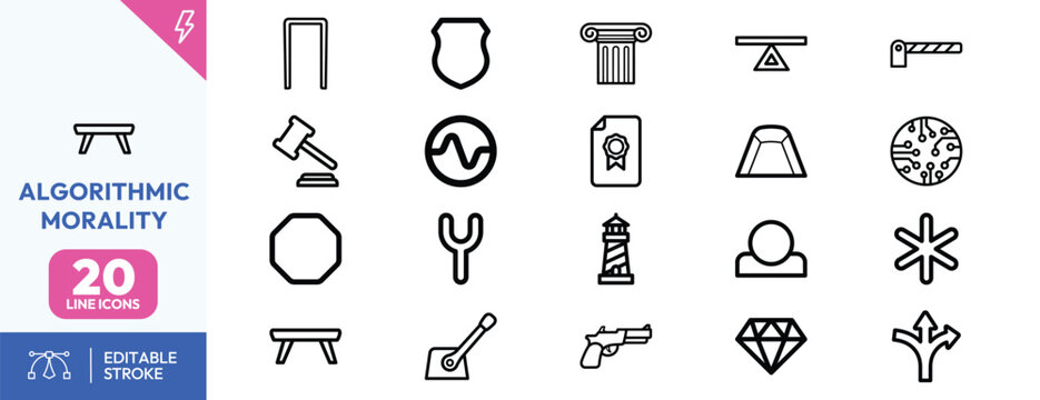 Set of twenty professional line icons exploring concepts of digital ethics and algorithmic decision making.