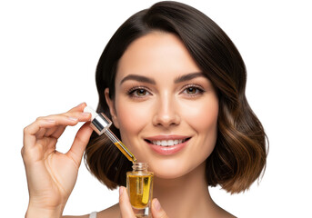 Fototapeta premium Beautiful woman applying serum with dropper isolated on transparent background