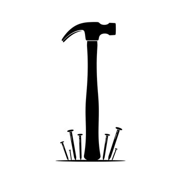 Black silhouette claw hammer and metal nails vector illustration