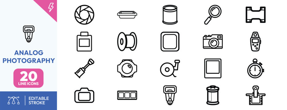 Collection of twenty black line icons representing various analog camera equipment and darkroom tools