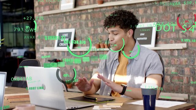 Incoming data update appearing man at desk typing reacting raising comparing notes while reviewing