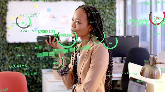 Handheld device activating HUD, woman issuing voice commands while AR data overlays showing metrics