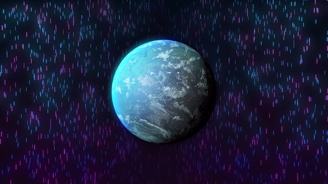On loop start Earth-like planet rotating while neon data-rain descending, showcasing technology