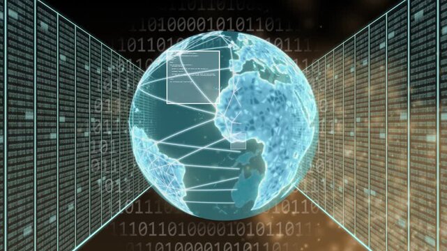 After brief pause holo globe fading and animating network mesh, tech racks framing, showing links