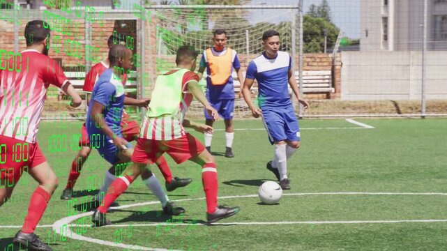 Blue man holding soccer ball while red team closing down, faking, pivoting for pass HUD tracking