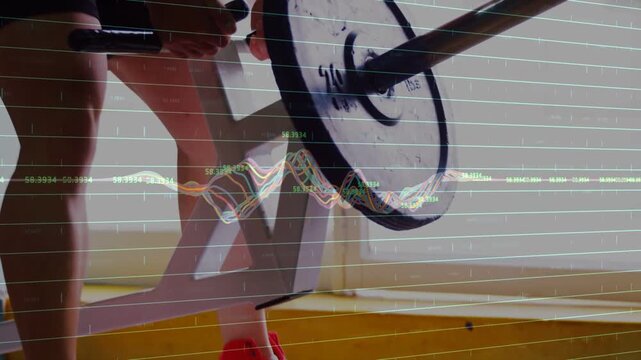 Male athlete gripping handles, initiating pull for fitness, transparent multicolor waveform moving