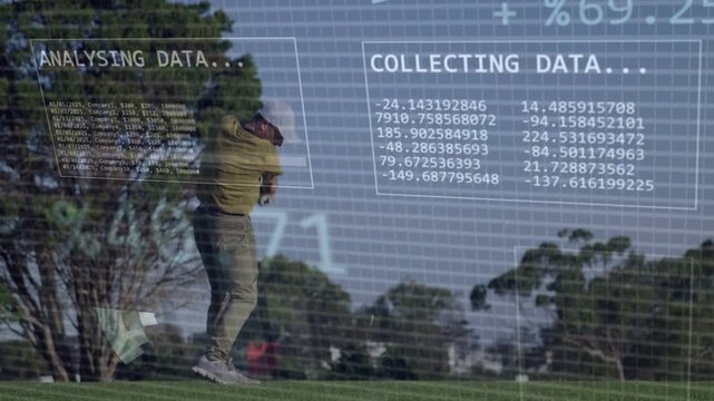 Male golfer addressing ball and swinging, onscreen charts evolving pie to wave for golf swing data