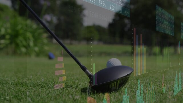 Driver sitting behind ball on tee, shaft tilting, moving forward, charts showing financial metrics
