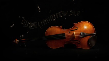 Fototapeta premium Sideways violin on dark backdrop.