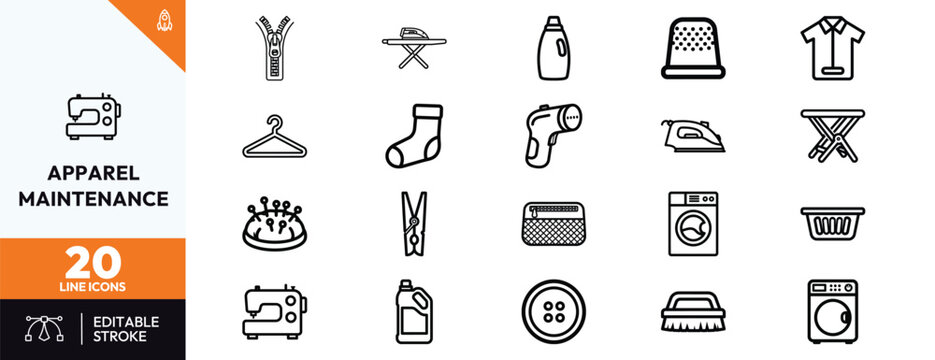 Set of professional black and white line icons for clothing care laundry and garment repairs