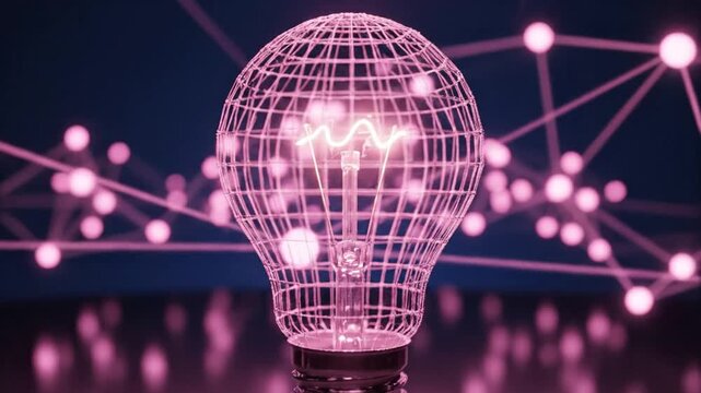 Glowing wireframe lightbulb network.