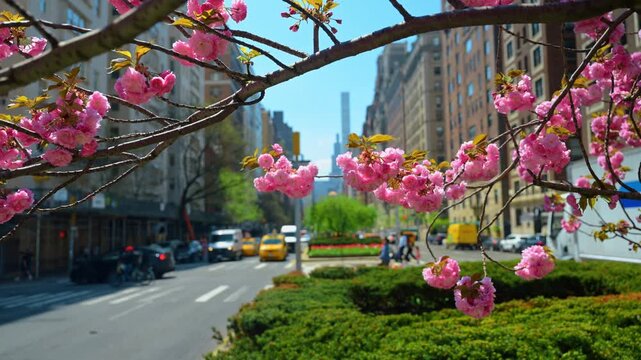 Cherry blossom branches framing Manhattan street landscape. Horizontal view of Park Avenue in spring with pink flowers in focus and city traffic.
