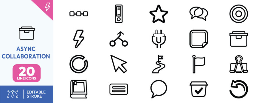 Comprehensive set of professional line icons representing modern asynchronous teamwork and digital project management workflow tools.